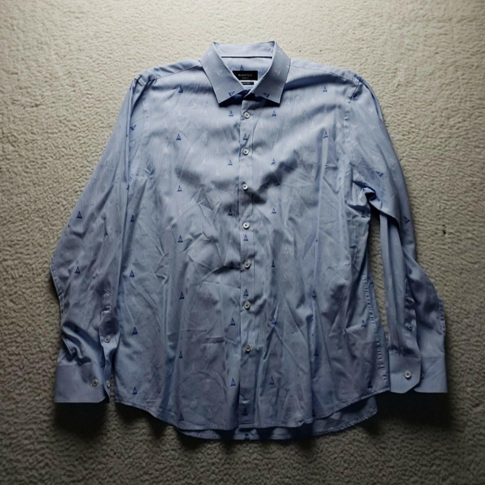 Bugatchi Shirt Mens XL Blue Stripe Sailboat Embroidered Long Sleeve Button-Up